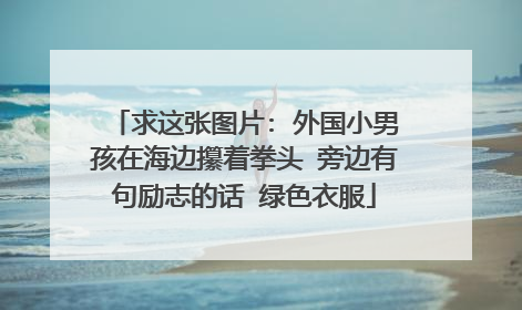 求这张图片: 外国小男孩在海边攥着拳头 旁边有句励志的话 绿色衣服