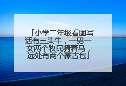 小学二年级看图写话有三头牛,一男一女两个牧民骑着马,远处有两个蒙古包